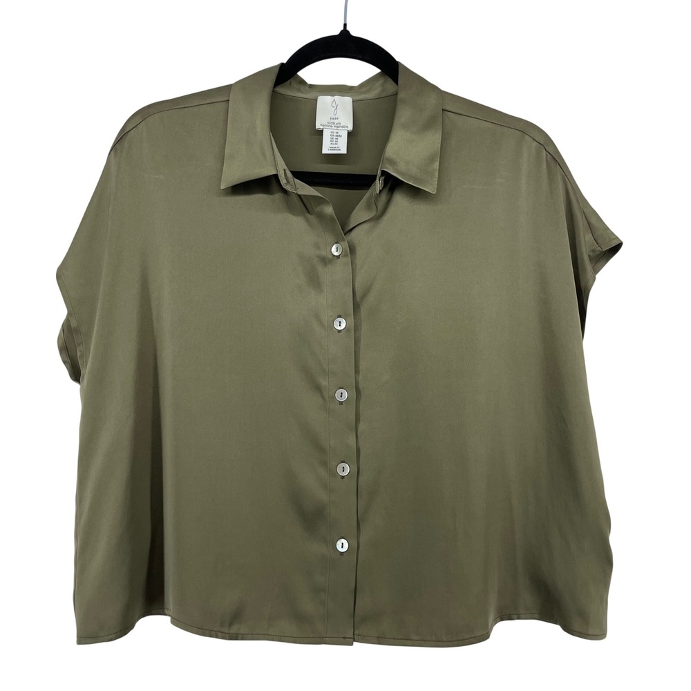 Joie Size Medium Silk Button Down Shirt Olive Green Short Sleeve Boxy Blouse